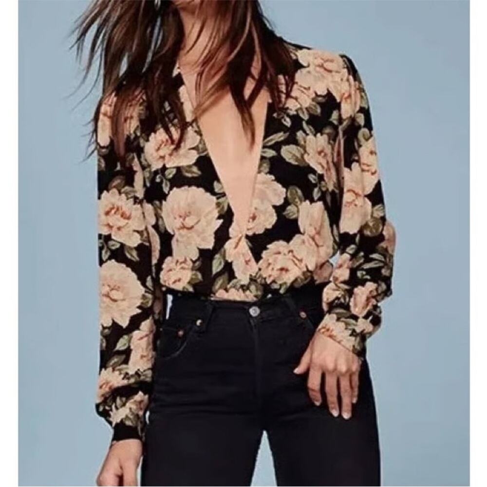 Reformation Chandler Floral Bodysuit Small Small Pink Black Long Sleeves